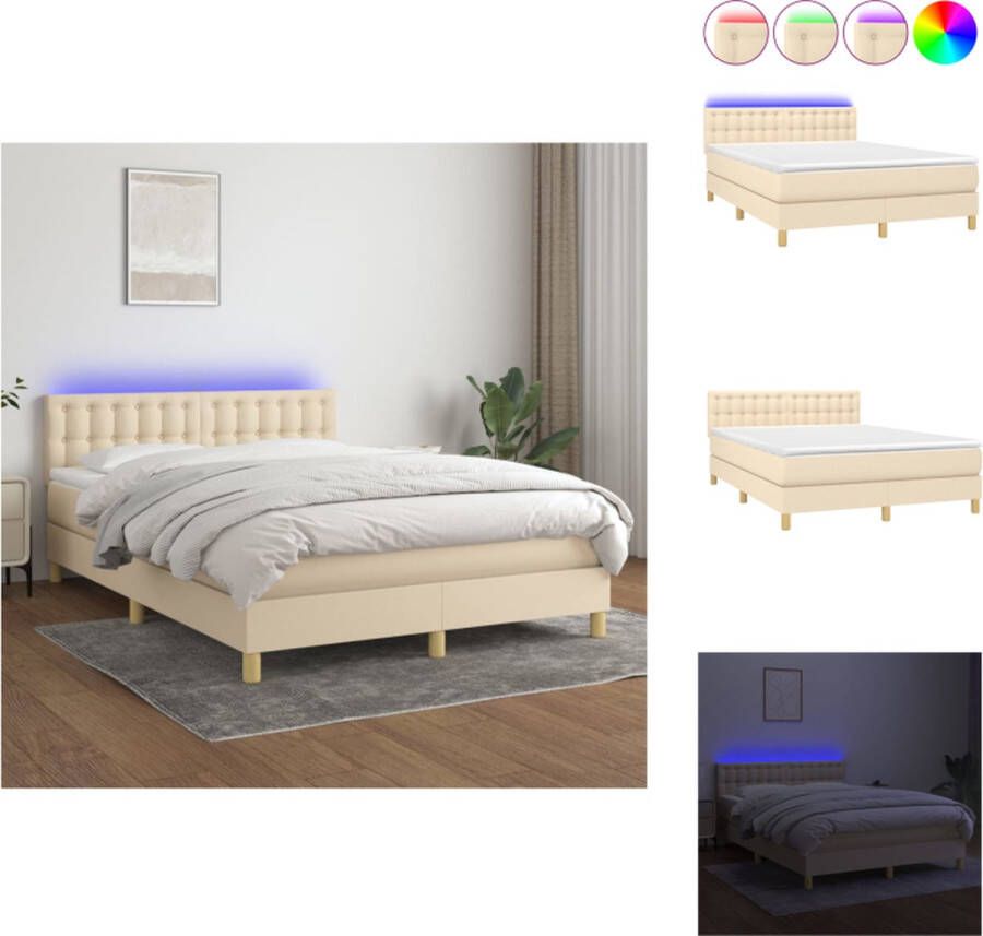 VidaXL Boxspring Crème 203 x 144 x 78 88 cm Verstelbaar hoofdbord LED-verlichting Pocketvering matras Huidvriendelijk topmatras Bed
