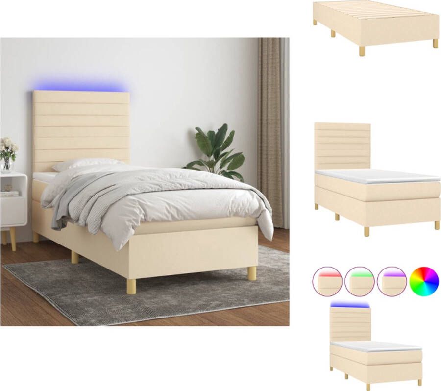 VidaXL Boxspring Crème 193x90 Duurzaam materiaal Verstelbaar hoofdbord Comfortabele ondersteuning Kleurrijke LED-verlichting Pocketvering matras Huidvriendelijk topmatras Montagehandleiding inbegrepen met USB-aansluiting Bed - Foto 3