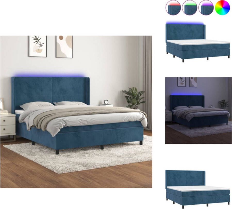 VidaXL Boxspring Dark Blue Velvet 180x200 cm LED Lights Bed