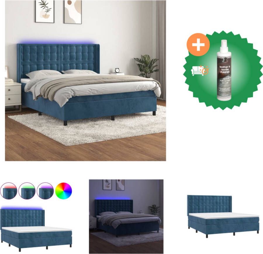 VidaXL Boxspring Dark Blue Velvet LED 160x200x118 128cm Pocket Spring Matress Skin-Friendly Topper Colorful LED Lights USB Included Bed Inclusief Reiniger