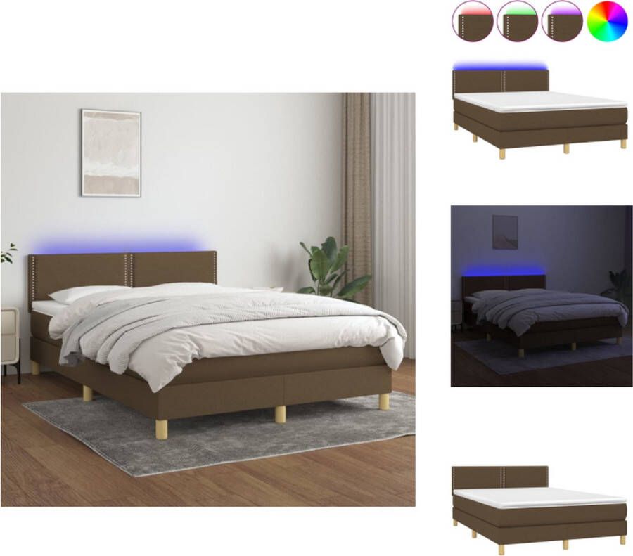 VidaXL Boxspring Dark Brown Pocket Spring Bed LED Lights 193x144 cm Durable Fabric Adjustable Headboard Colorful LED Lighting Skin-Friendly Topper Bed