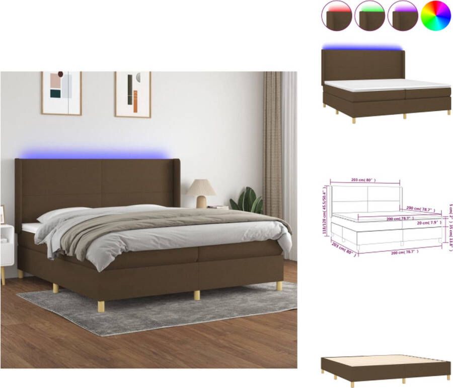 VidaXL Boxspring Dark Brown Pocket Spring Mattress Breathable Fabric Adjustable Headboard Colorful LED Lighting Skin-Friendly Topper USB Connection Bed