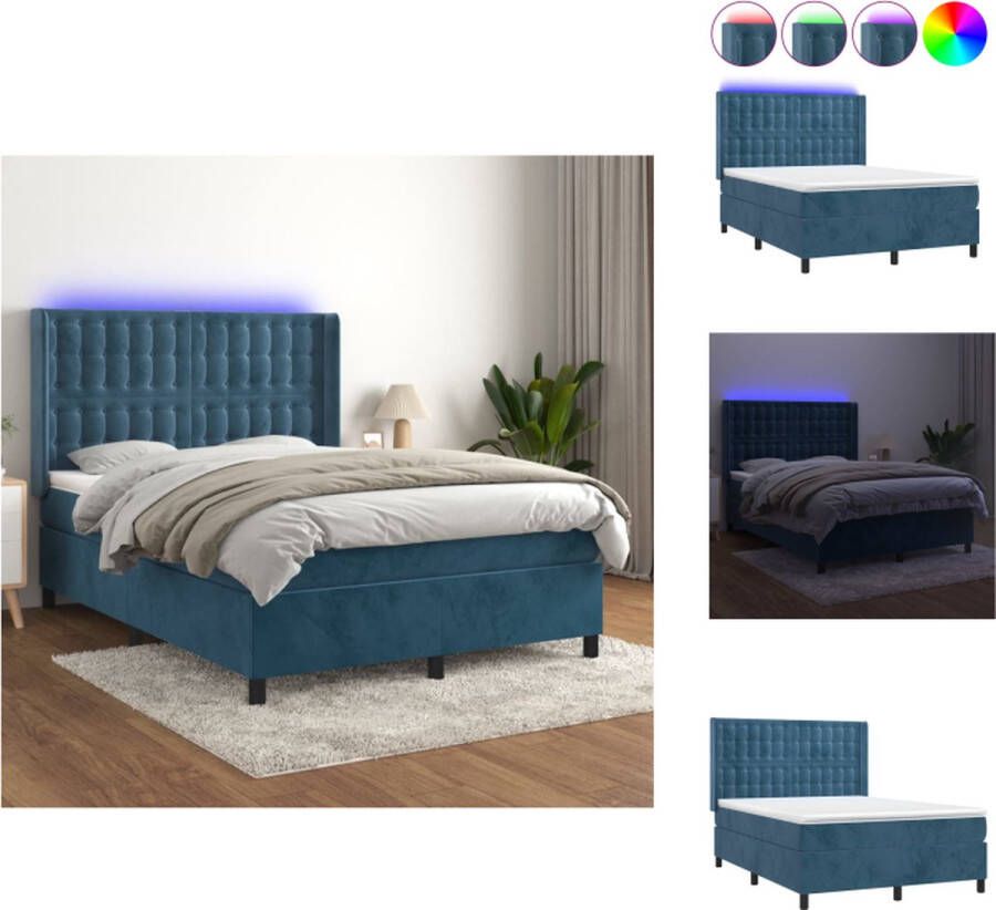 VidaXL Boxspring Donkerblauw 193 x 147 x 118 128 cm Fluweel Pocketvering Huidvriendelijk Bed