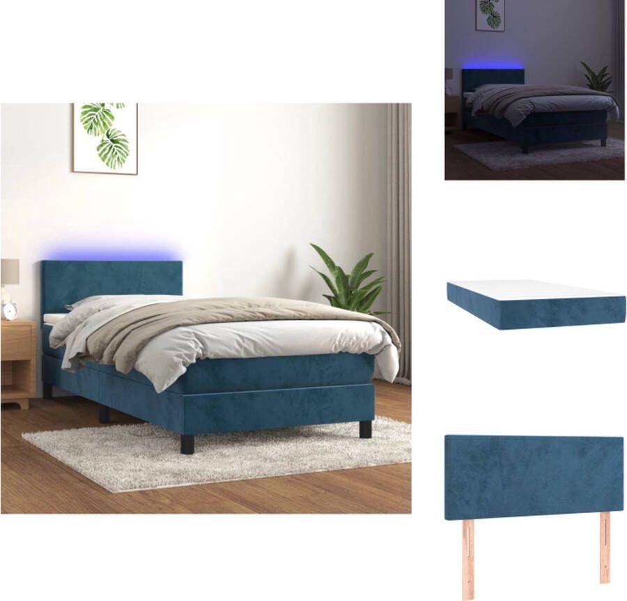 VidaXL Boxspring Donkerblauw Fluweel 203x100x78 88 cm Verstelbaar hoofdbord Kleurrijke LED-verlichting Pocketvering matras Huidvriendelijk topmatras USB-aansluiting Bed - Foto 3