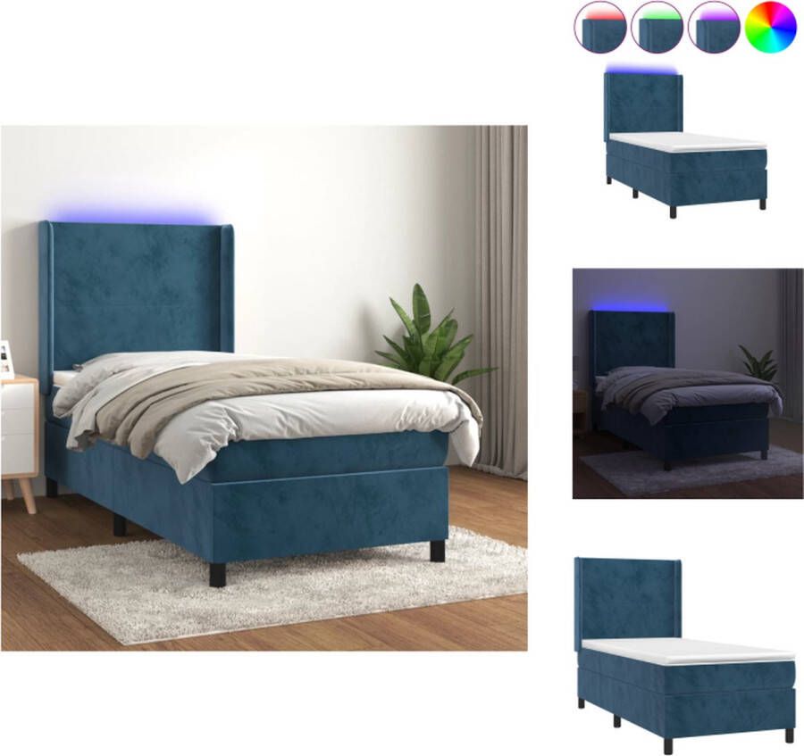 VidaXL Boxspring Donkerblauw fluweel 193 x 93 x 118 128 cm Inclusief matras en LED Bed - Foto 1