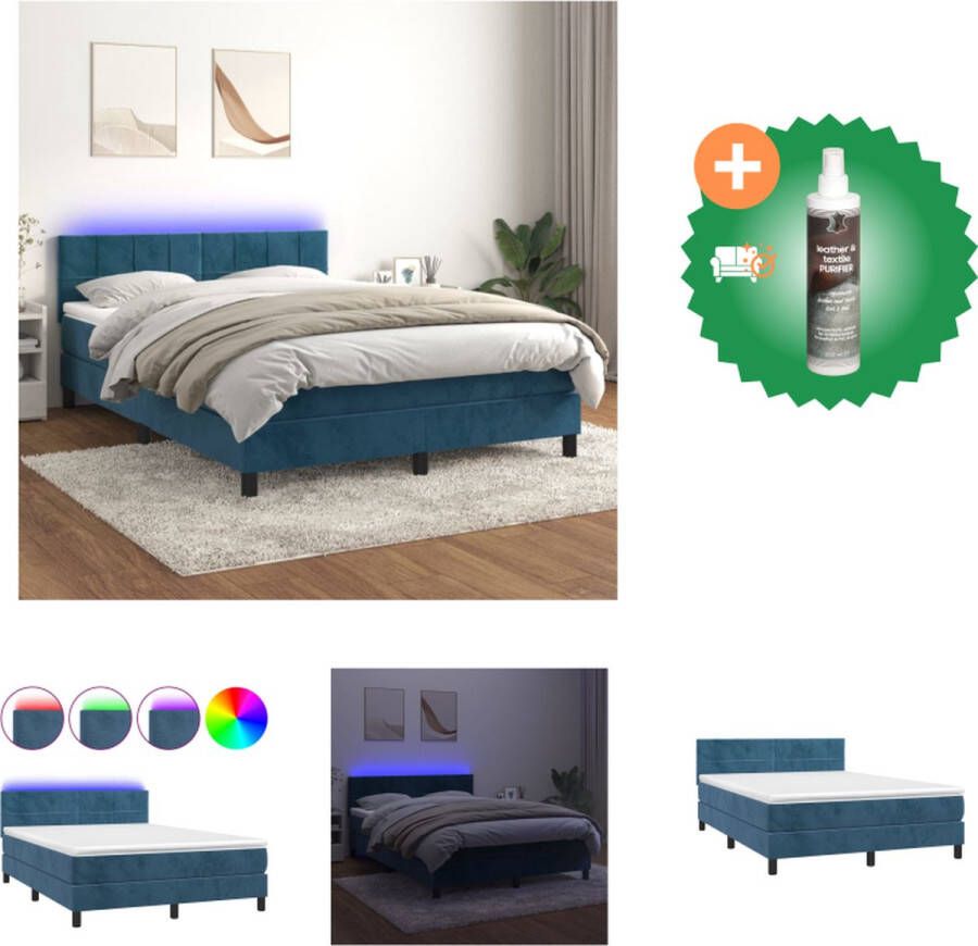 VidaXL Boxspring Donkerblauw Fluweel 193x144x78 88 cm Verstelbaar hoofdbord Kleurrijke LED-verlichting Pocketvering matras Huidvriendelijk topmatras Bed Inclusief Reiniger