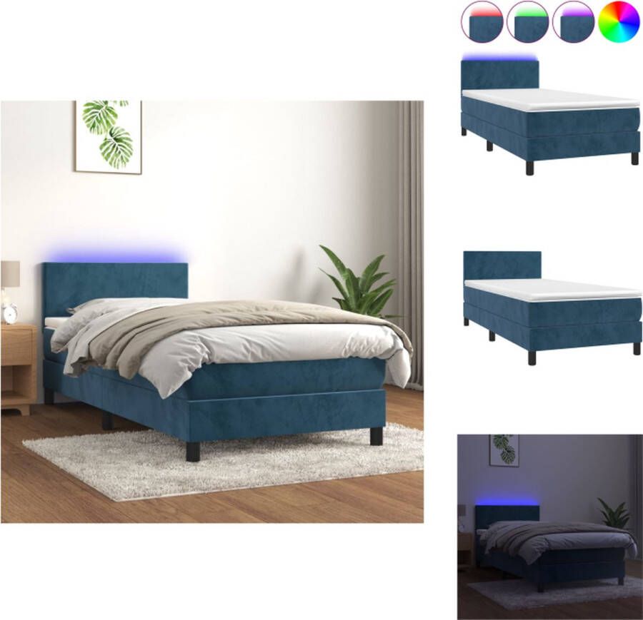 VidaXL Boxspring Donkerblauw Fluweel 193x90x78 88 cm Verstelbaar hoofdbord Kleurrijke LED-verlichting Bed