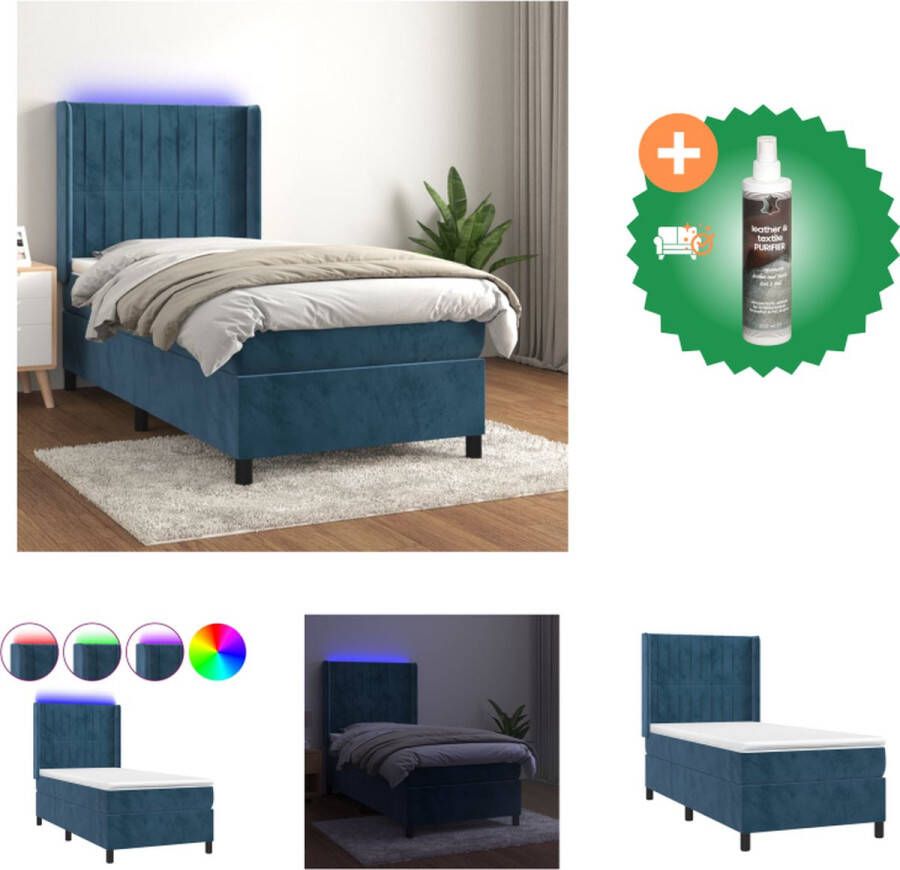 VidaXL Boxspring Donkerblauw Fluweel 203x103x118 128 cm LED Pocketvering Bed Inclusief Reiniger