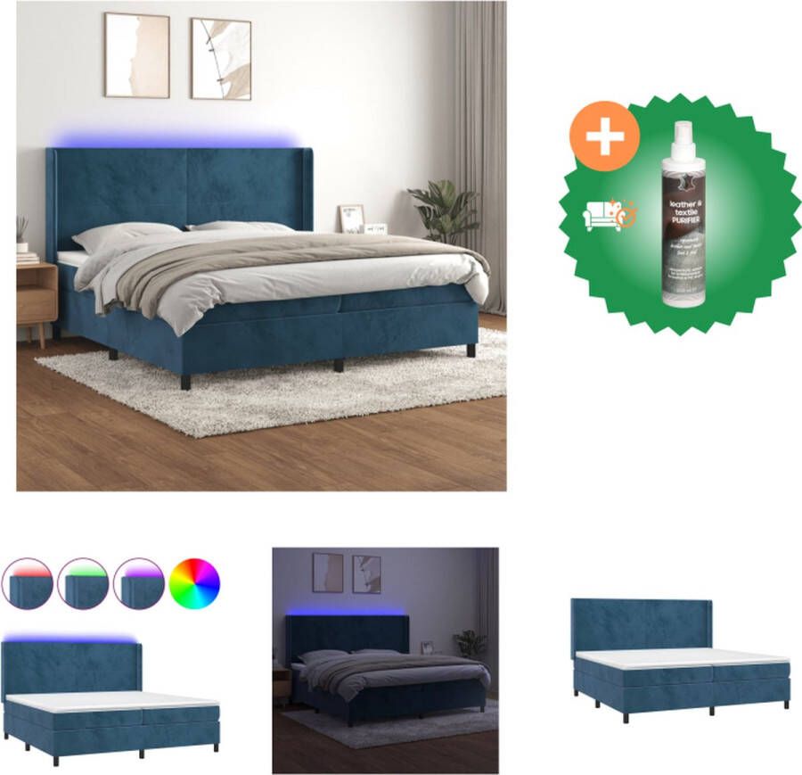 VidaXL Boxspring Donkerblauw fluweel 203x203x118 128 cm Verstelbaar hoofdbord LED-verlichting Pocketvering matras Huidvriendelijk topmatras Montagehandleiding inbegrepen Bed Inclusief Reiniger