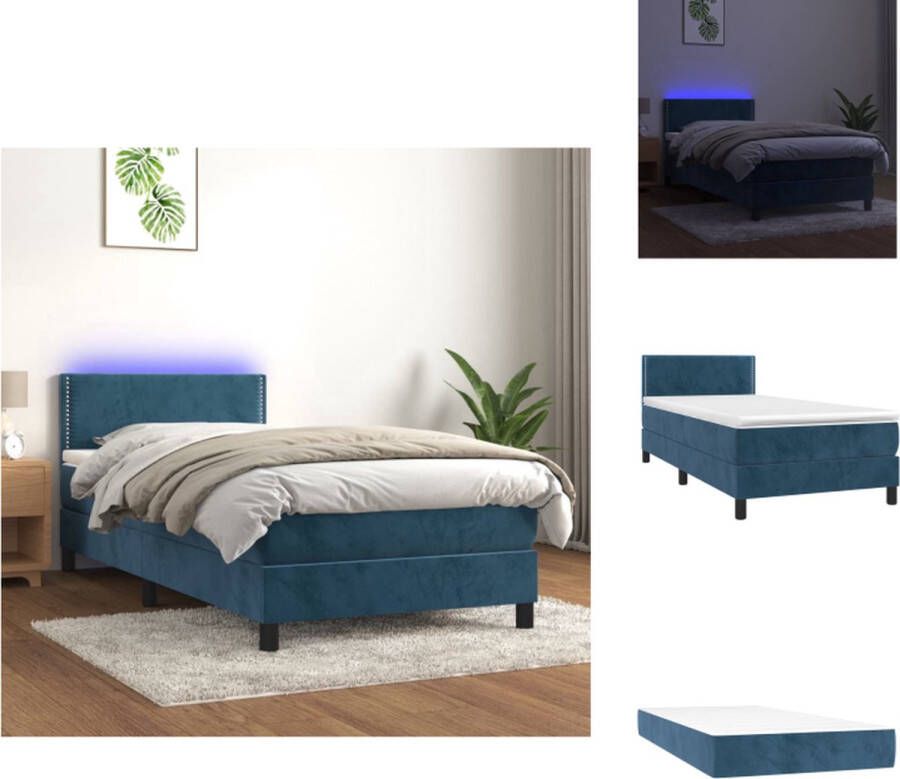 VidaXL Boxspring donkerblauw fluweel 203x90x78 88cm met verstelbaar hoofdbord met kleurrijke LED-verlichting pocketvering matras huidvriendelijk topmatras inclusief montagehandleiding Bed - Foto 3