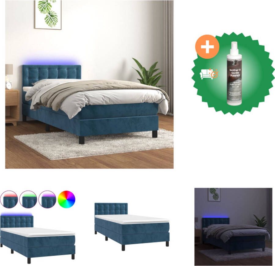 VidaXL Boxspring donkerblauw fluweel LED-verlichting pocketvering matras huidvriendelijk topmatras Bed Inclusief Reiniger