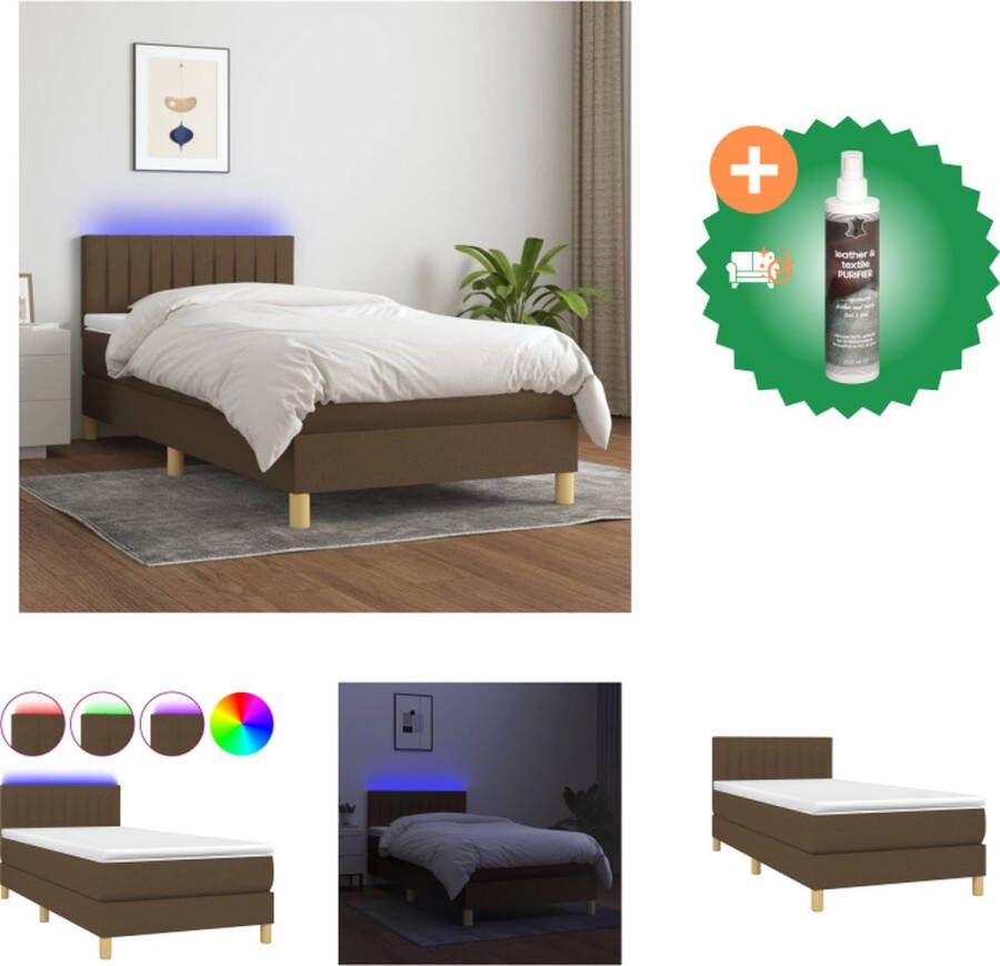 VidaXL Boxspring LED 193 x 90 x 78 88 cm Donkerbruin stof Verstelbaar hoofdbord Pocketvering matras Huidvriendelijk topmatras Kleurrijke LED-verlichting Montagehandleiding Bed Inclusief Reiniger - Foto 3
