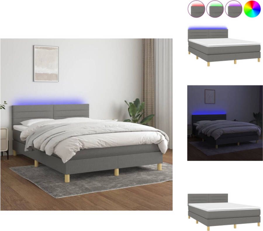VidaXL Boxspring donkergrijs 203 x 144 x 78 88 cm verstelbaar hoofdbord LED-verlichting Bed