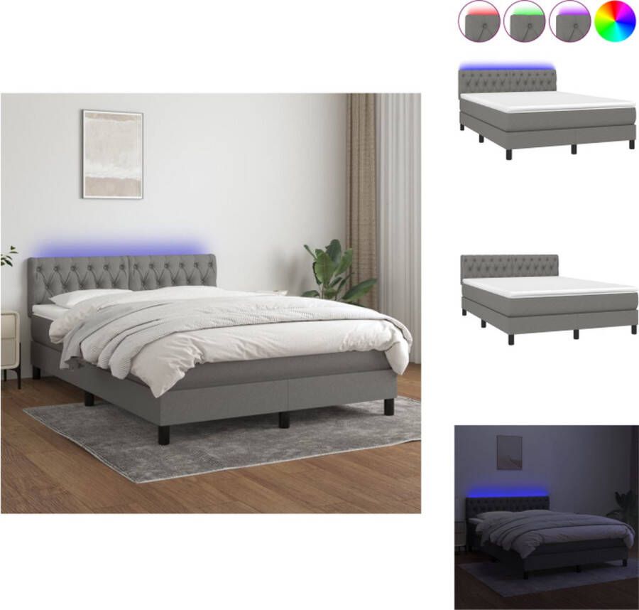 VidaXL Boxspring Donkergrijs Bedmatras 140x190 LED-verlichting Pocketvering Bed