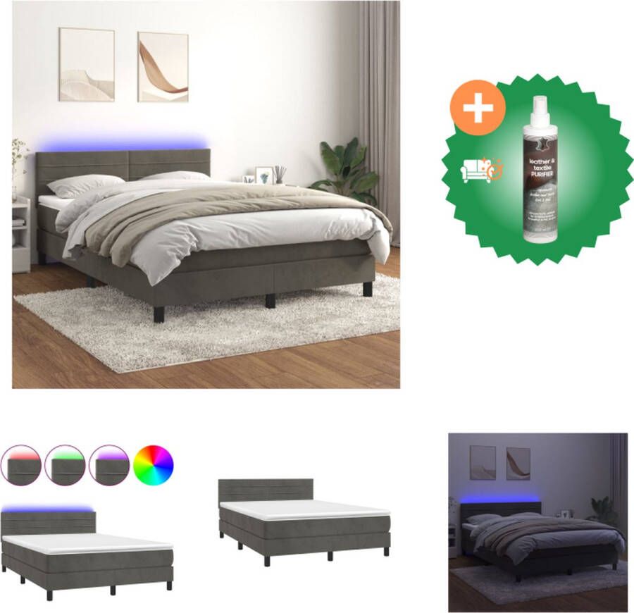 VidaXL Boxspring donkergrijs fluweel 203 x 144 x 78 88 cm verstelbaar hoofdbord LED pocketvering matras huidvriendelijk topmatras Bed Inclusief Reiniger