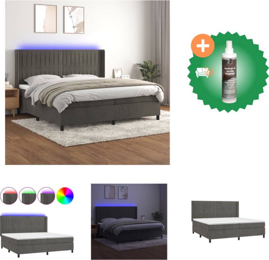 VidaXL Boxspring Donkergrijs Fluweel 203 x 203 x 118 128 cm Verstelbaar Hoofdbord LED-verlichting Pocketvering Matras Huidvriendelijk Topmatras Inclusief Montagehandleiding Bed Inclusief Reiniger