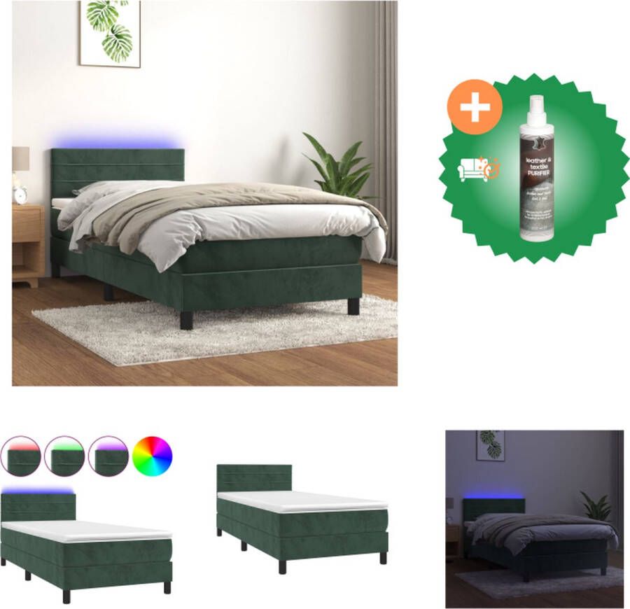 VidaXL Boxspring Donkergroen 203 x 90 x 78 88 cm Fluweel Verstelbaar hoofdbord Kleurrijke LED-verlichting Pocketvering matras Huidvriendelijk topmatras Inclusief montagehandleiding USB-aansluiting Bed Inclusief Reiniger