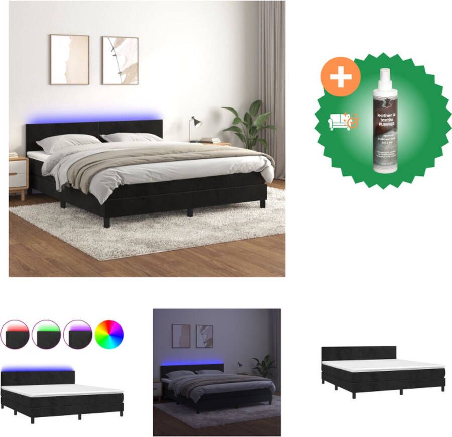 VidaXL Boxspring Fluweel Bed Zwart 203x180x78 88cm Inclusief Matras en LED Bed Inclusief Reiniger