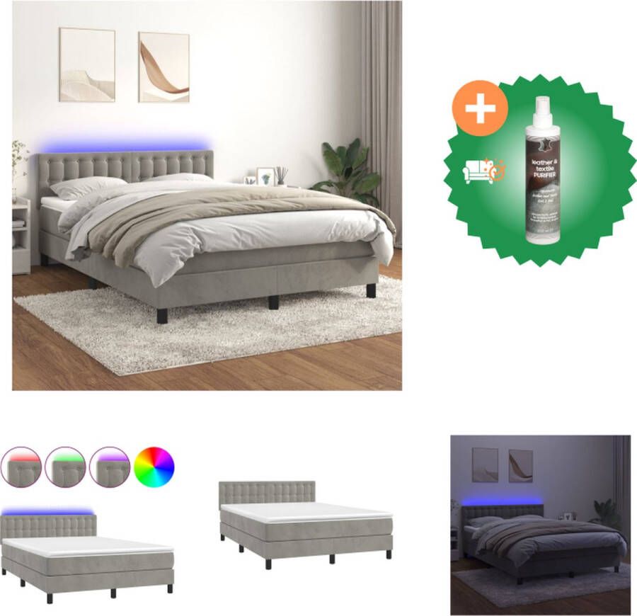 VidaXL Boxspring Fluweel LED 140x200 lichtgrijs-wit Bed Inclusief Reiniger