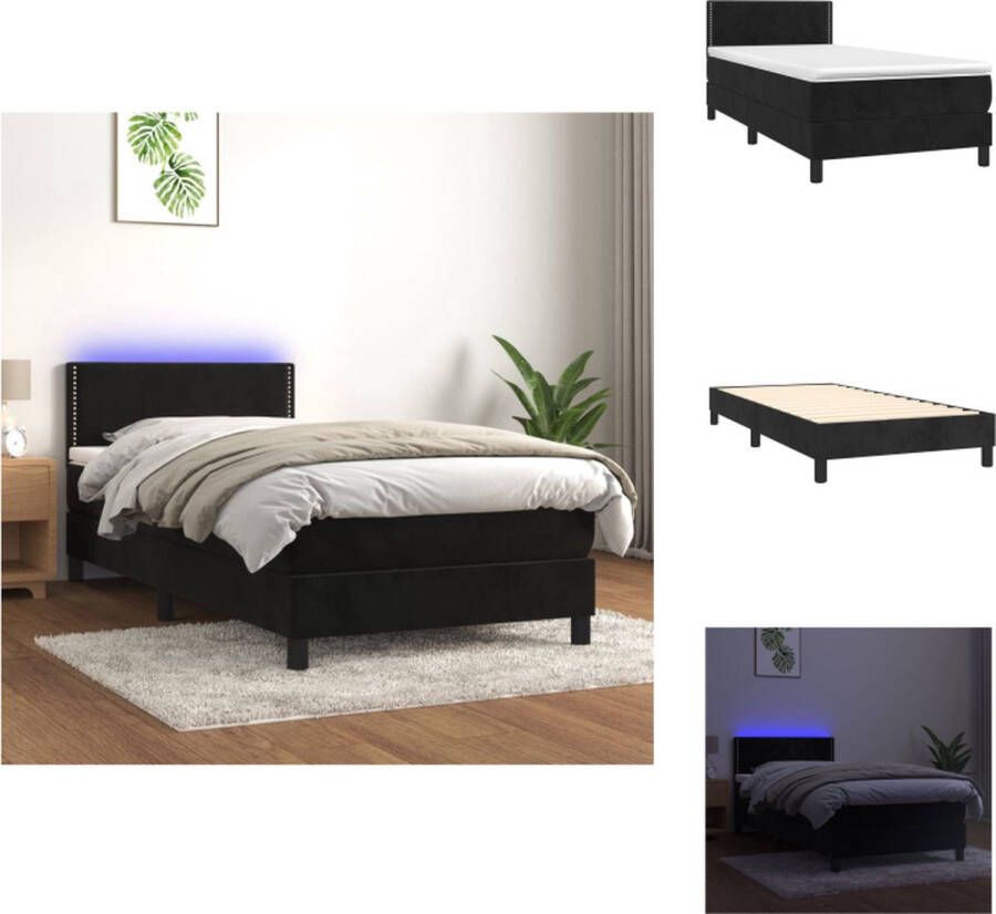 VidaXL Boxspring Fluweel LED 90x200 Zwart + Wit Pocketvering Huidvriendelijk Bed
