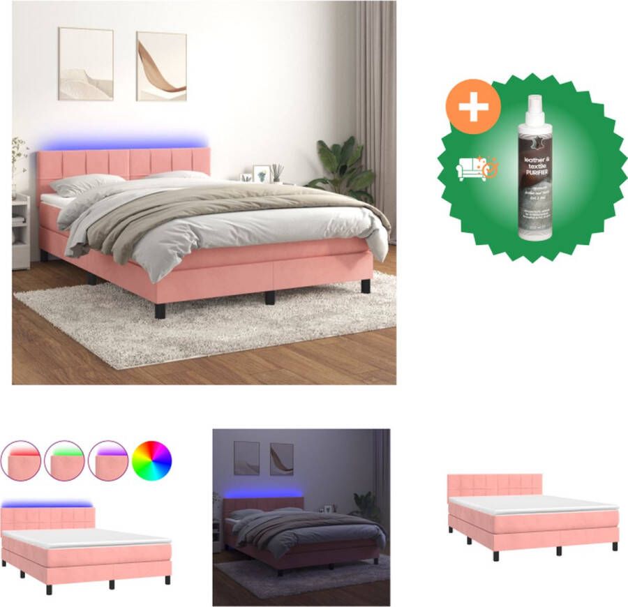 VidaXL Boxspring Fluweel LED Pocketvering Bed 193x144x78 88cm Roze Bed Inclusief Reiniger