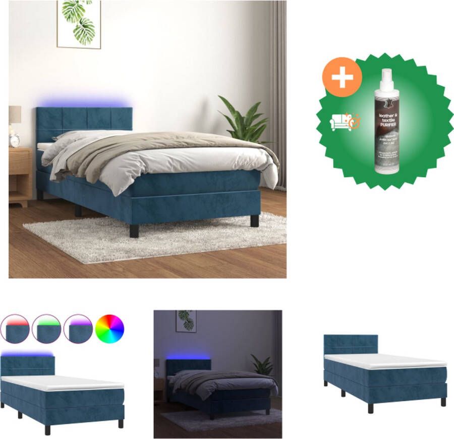 VidaXL Boxspring fluweel LED pocketvering huidvriendelijk 193x90x78 88 cm donkerblauw Bed Inclusief Reiniger