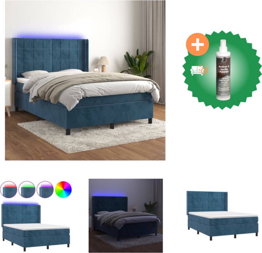VidaXL Boxspring fluweel LED pocketvering huidvriendelijk donkerblauw 203x147x118 128 cm 140x200x20 cm 140x200x5 cm Bed Inclusief Reiniger