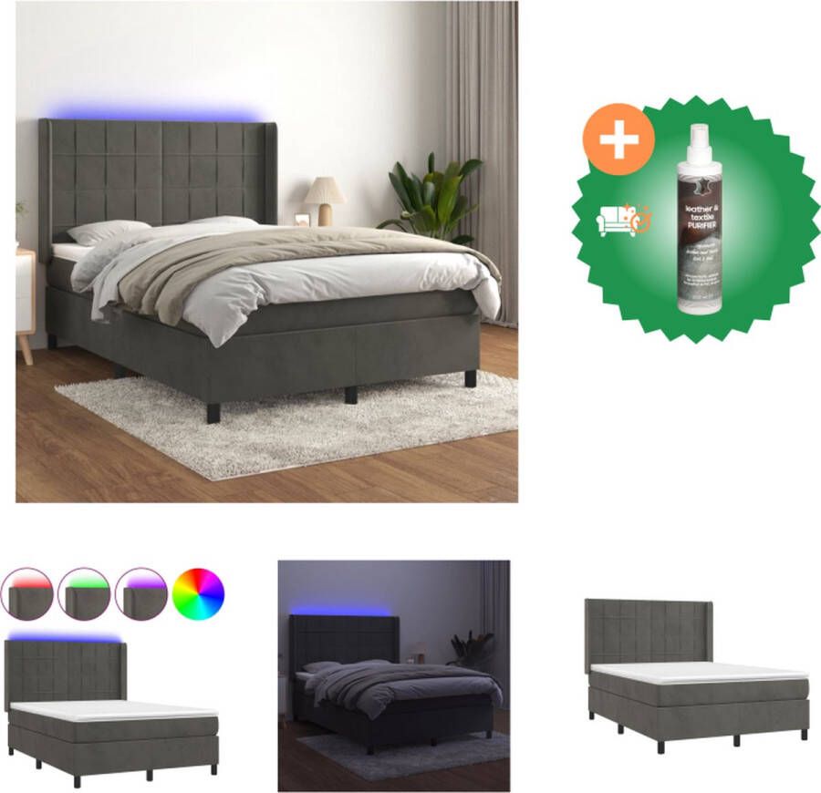VidaXL Boxspring fluweel LED pocketvering huidvriendelijk donkergrijs 193x147x118 128cm Bed Inclusief Reiniger