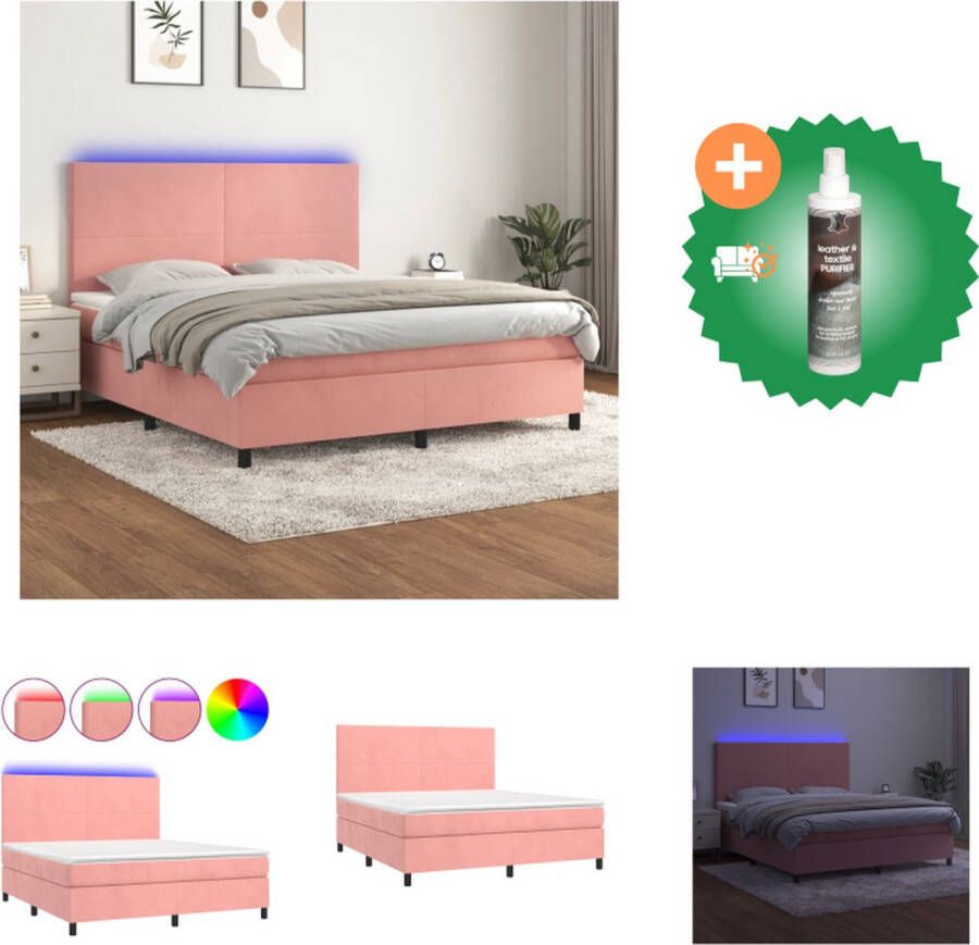 VidaXL Boxspring Fluweel LED Pocketvering Huidvriendelijk Roze 203x180x118 128cm Bed Inclusief Reiniger