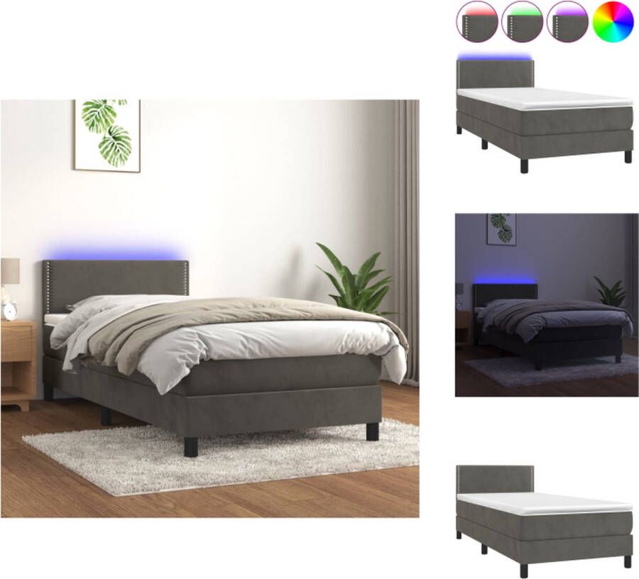 VidaXL Boxspring Bedframe met Matras en LED Donkergrijs Fluweel 203 x 80 x 78 88 cm Verstelbaar hoofdbord Pocketvering matras Huidvriendelijk topmatras Kleurrijke LED-verlichting USB-aansluiting Bed - Foto 3