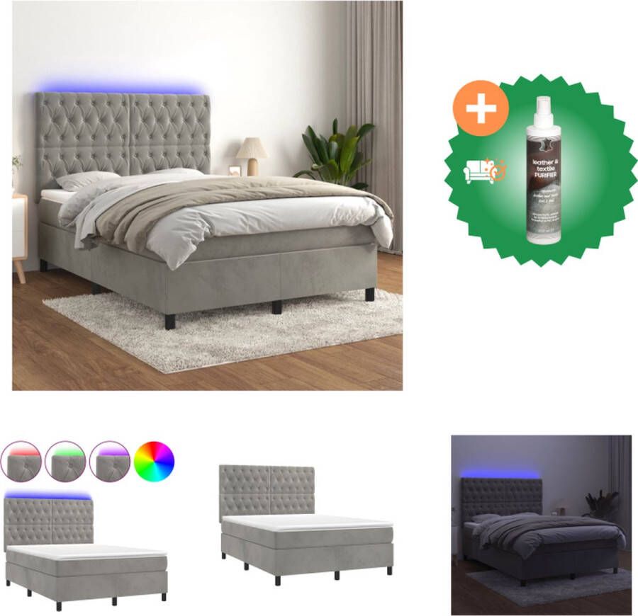 VidaXL Boxspring Fluweel LED Pocketvering Topmatras Lichtgrijs 203 x 144 x 118 128 cm Bed Inclusief Reiniger