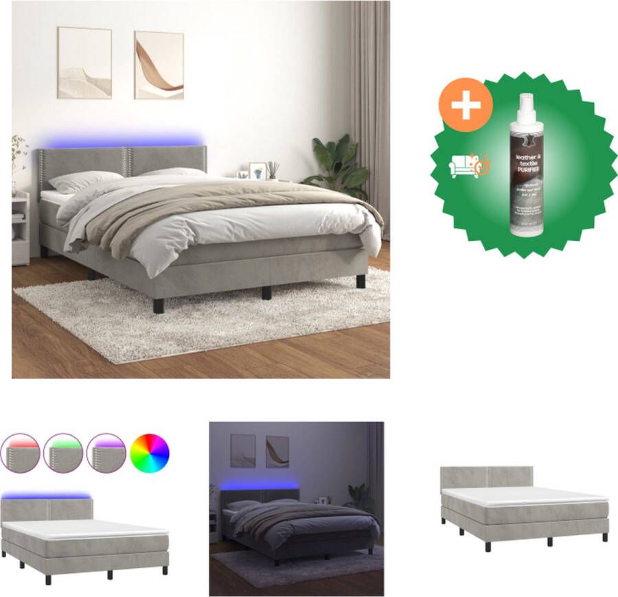 VidaXL Boxspring Fluwelen Bed met LED en Pocketvering 193x144 cm Lichtgrijs Bed Inclusief Reiniger