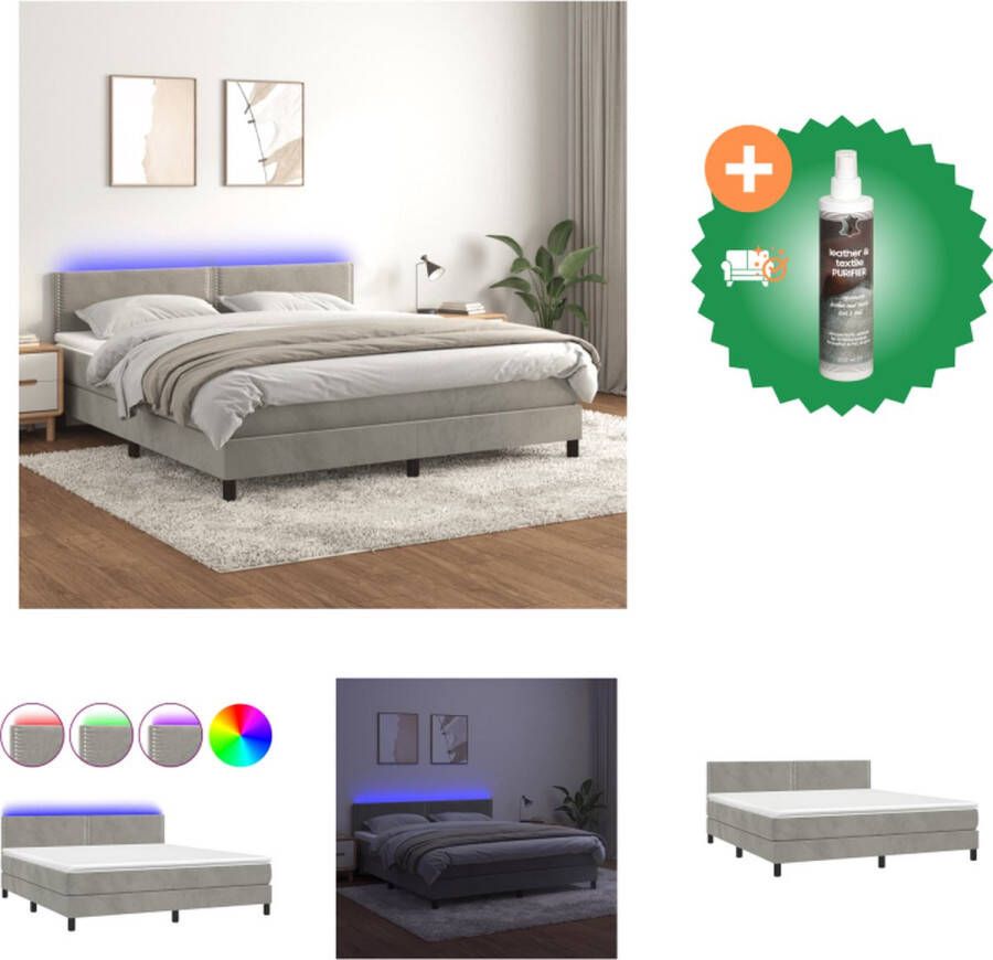 VidaXL Boxspring Fluwelen Bed met Pocketvering Matras LED-verlichting 203x180x78 88 cm Lichtgrijs Bed Inclusief Reiniger