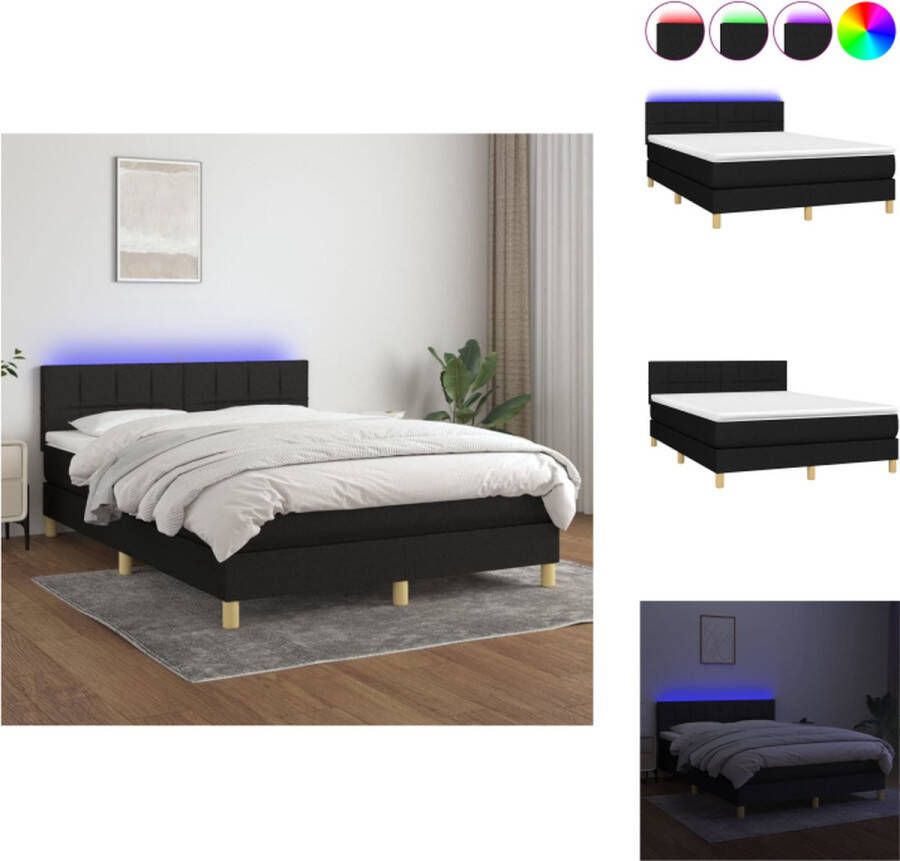 VidaXL Boxspring LED 140 x 190 cm zwart stof verstelbaar hoofdbord pocketvering matras huidvriendelijk topmatras kleurrijke LED-verlichting Bed
