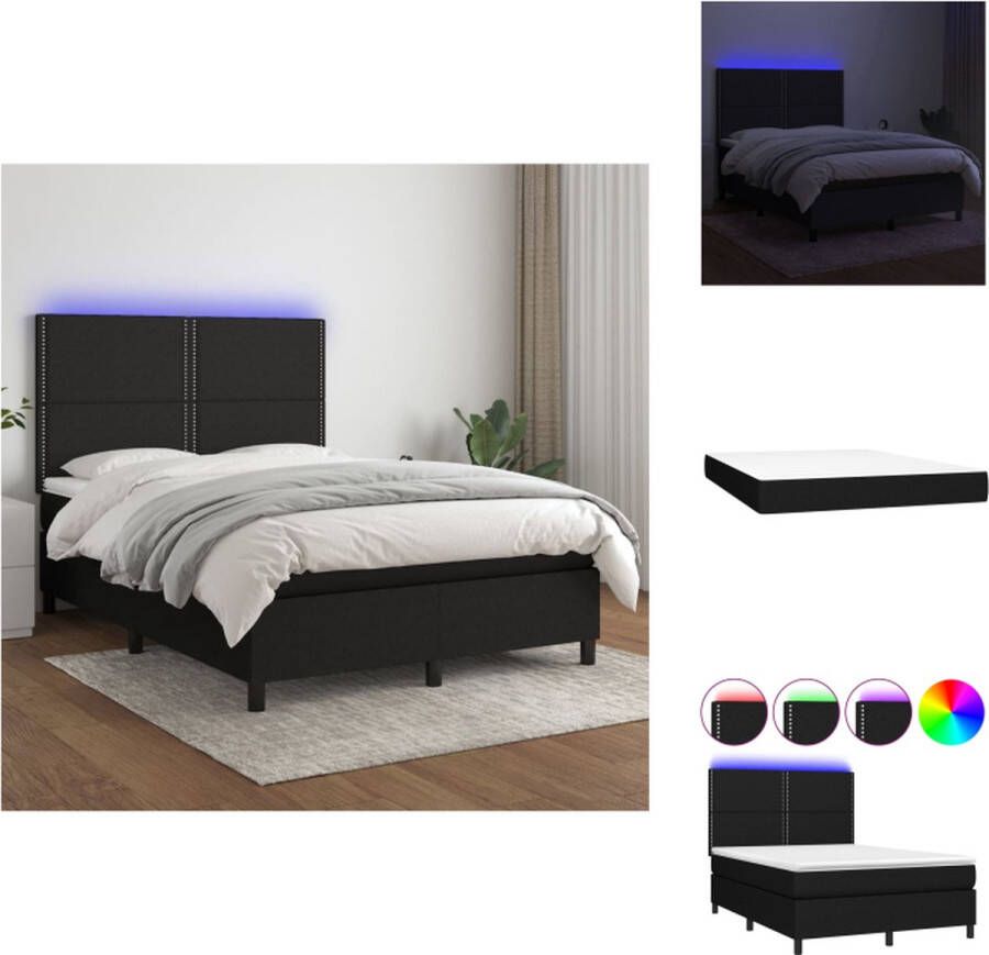VidaXL Boxspring LED 140 x 190 cm Zwarte stof Verstelbaar hoofdbord Pocketvering matras Huidvriendelijk topmatras Met kleurrijke LED-verlichting Bed