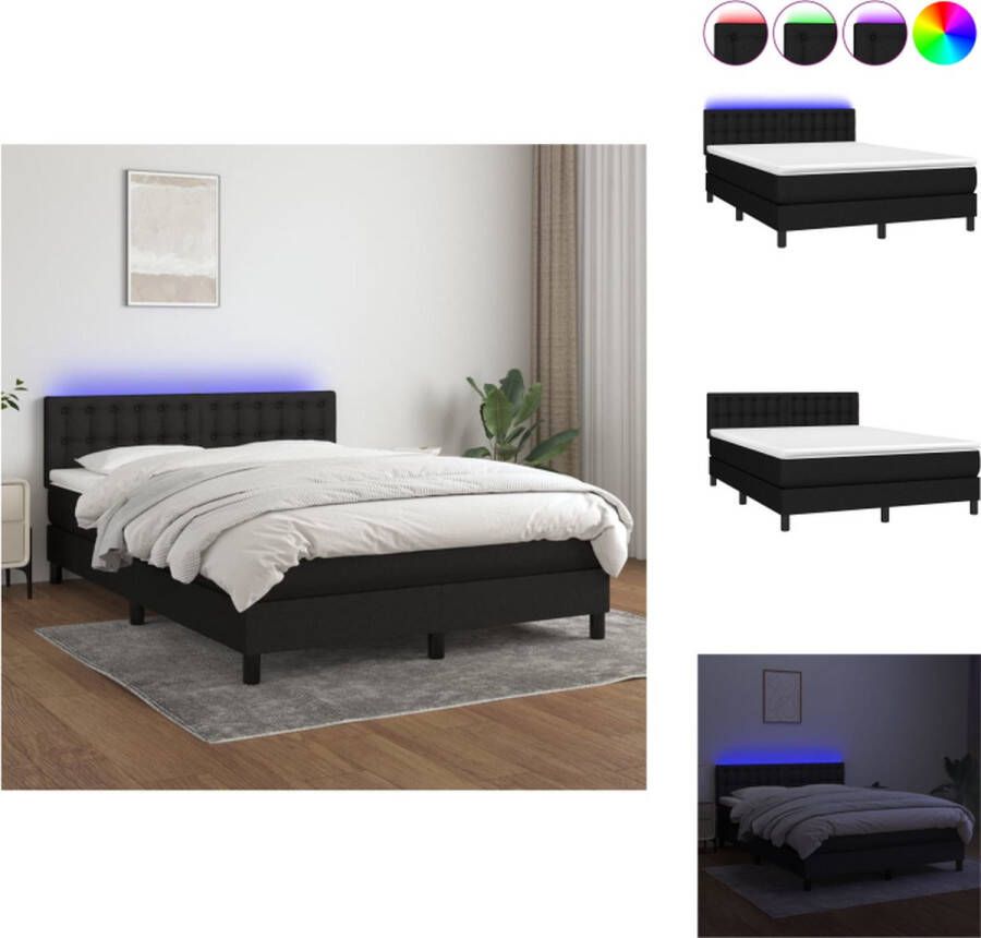 VidaXL Boxspring LED 140 x 190 x 78 88 cm zwart pocketvering matras huidvriendelijk topmatras Bed - Foto 1