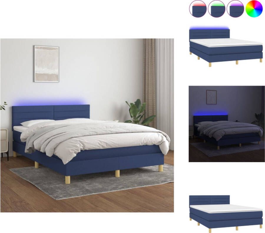 VidaXL Boxspring LED- 140 x 200 cm blauw stof verstelbaar hoofdbord pocketvering matras huidvriendelijk topmatras kleurrijke LED-verlichting Bed - Foto 1