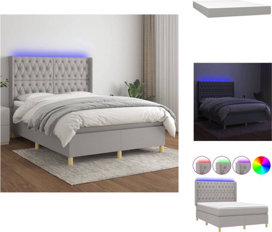 VidaXL Boxspring LED 140x190 Lichtgrijs Pocketvering Huidvriendelijk Bed