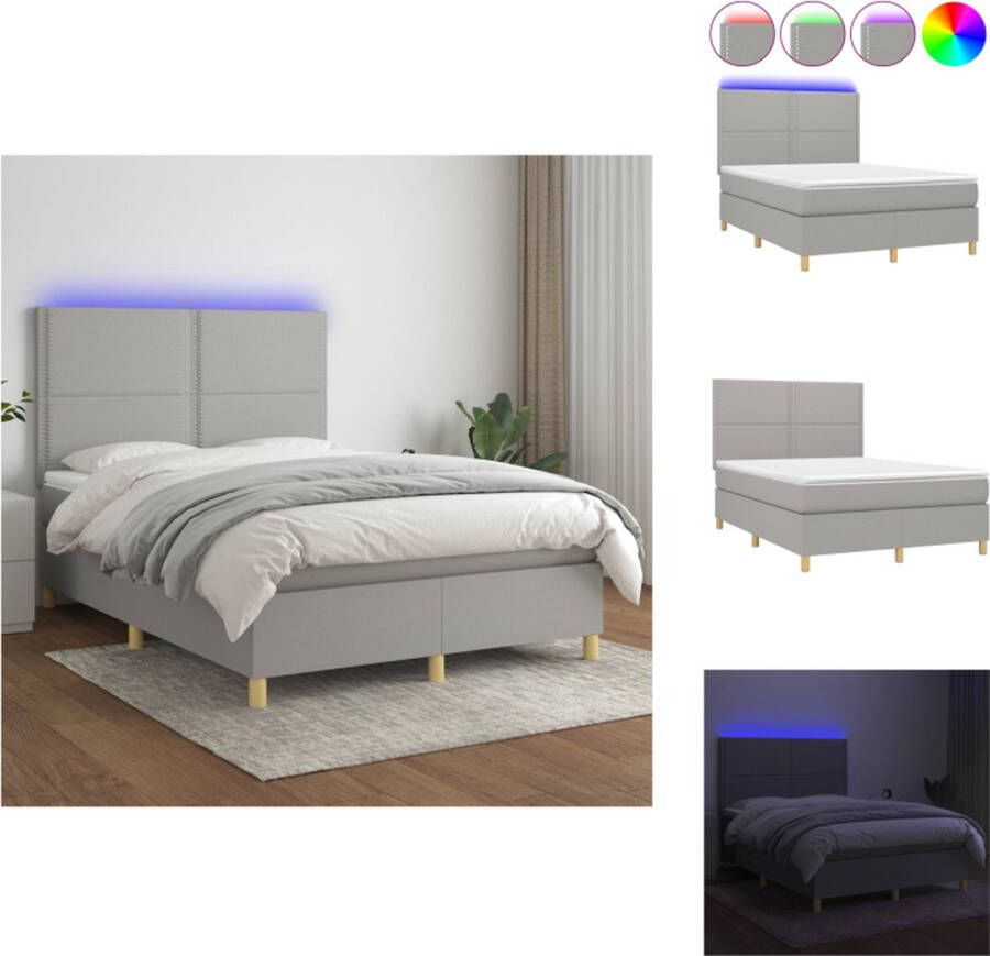 vidaXL Boxspring LED 140x190cm Lichtgrijs Pocketvering matras Huidvriendelijk topmatras Bed