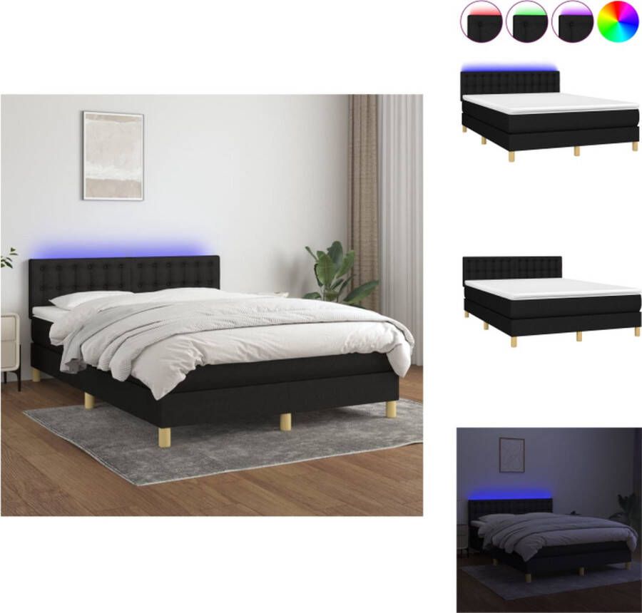 VidaXL Boxspring LED 140x200 cm Zwarte stof Verstelbaar hoofdbord Pocketvering matras Huidvriendelijke topmatras Kleurrijke LED-verlichting Bed