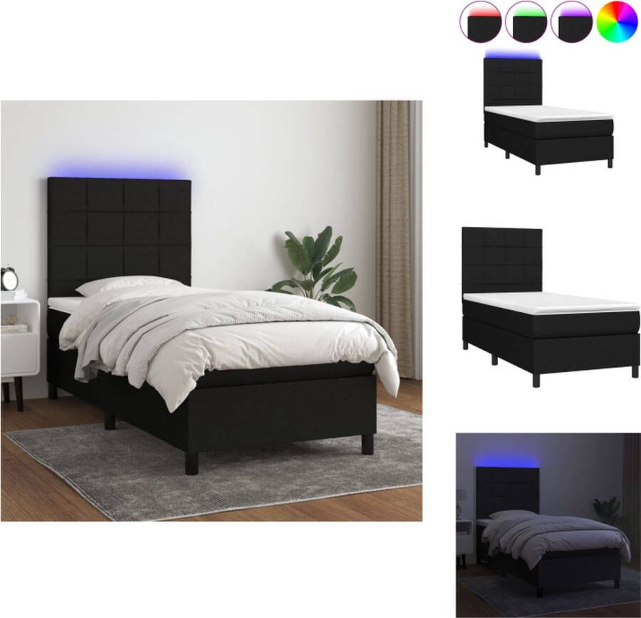 VidaXL Boxspring LED 193 x 90 cm Zwarte stof Verstelbaar hoofdbord Pocketvering matras Huidvriendelijk topmatras Bed - Foto 1
