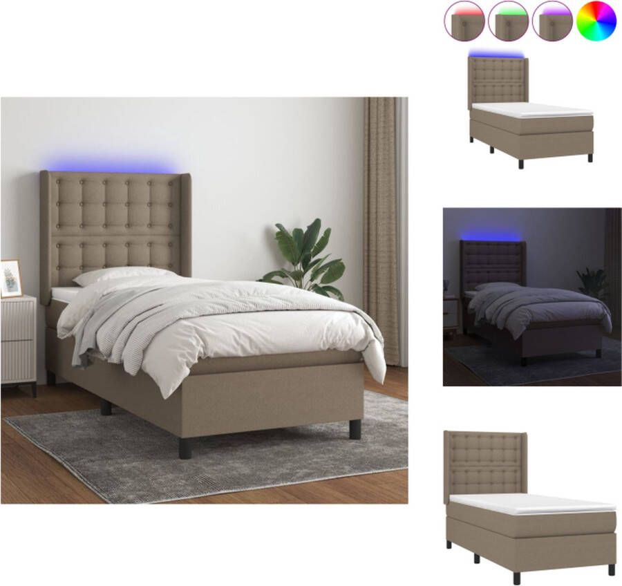 VidaXL Boxspring LED 193 x 93 x 118 128 cm Taupe Pocketvering matras Huidvriendelijk topmatras Kleurrijke LED-verlichting Bed