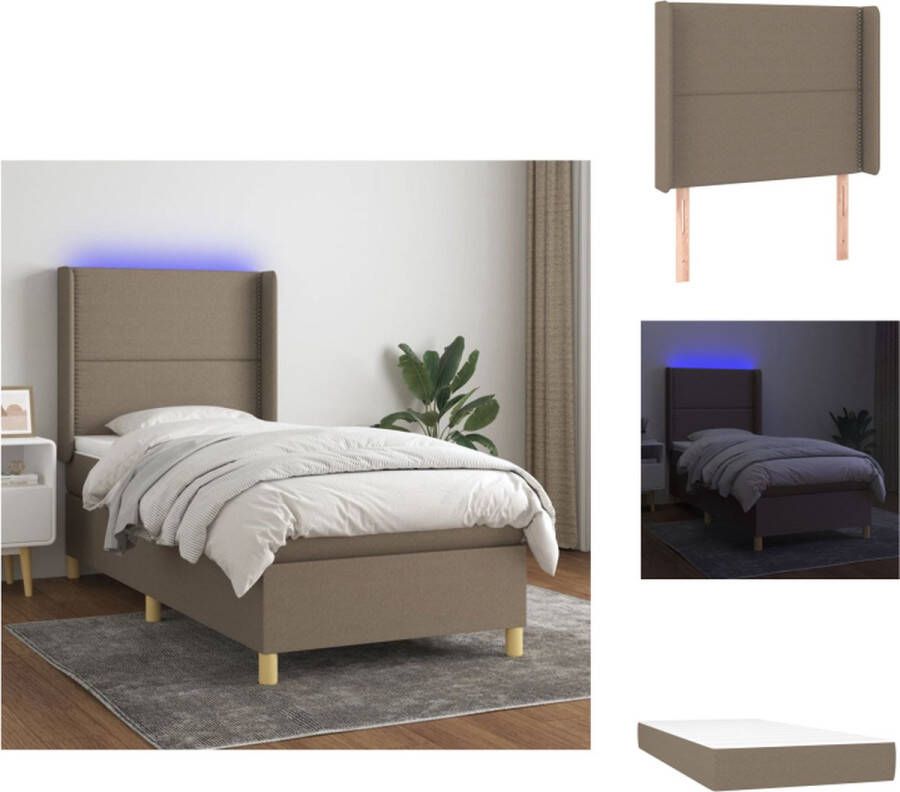 VidaXL Boxspring LED 193x93x118 128cm taupe pocketvering matras en huidvriendelijk topmatras Bed