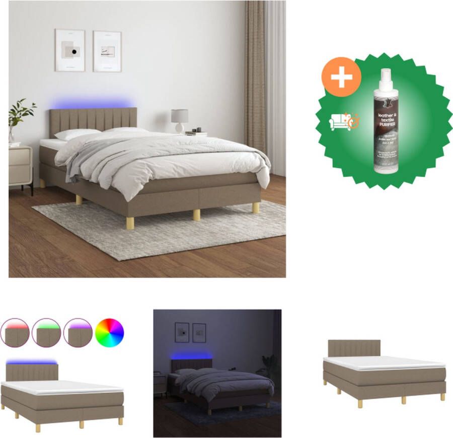 VidaXL Boxspring LED 203 x 120 x 78 88 cm Duurzaam materiaal Praktisch hoofdbord Comfortabele ondersteuning Kleurrijke LED-verlichting Pocketvering matras Huidvriendelijk topmatras Taupe USB-aansluiting Bed Inclusief Reiniger