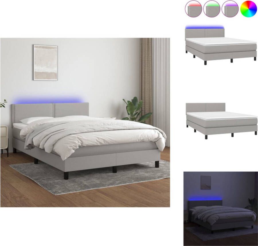 VidaXL Boxspring LED 203 x 144 x 78 88 cm lichtgrijs Pocketvering matras Huidvriendelijk topmatras Kleurrijke LED-verlichting Bed - Foto 1