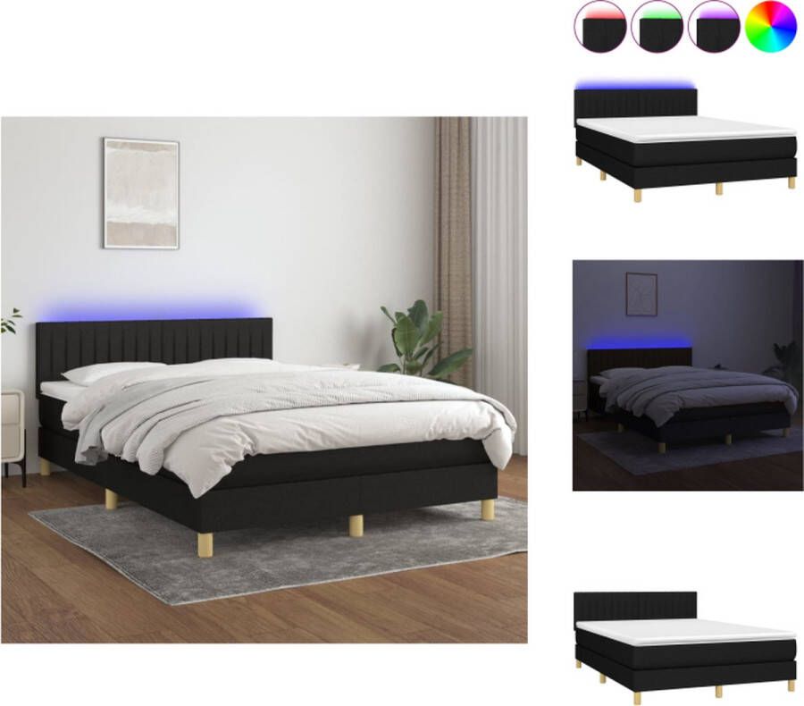 VidaXL Boxspring LED 203 x 144 x 78 88 cm Zwart Pocketvering Huidvriendelijk Bed