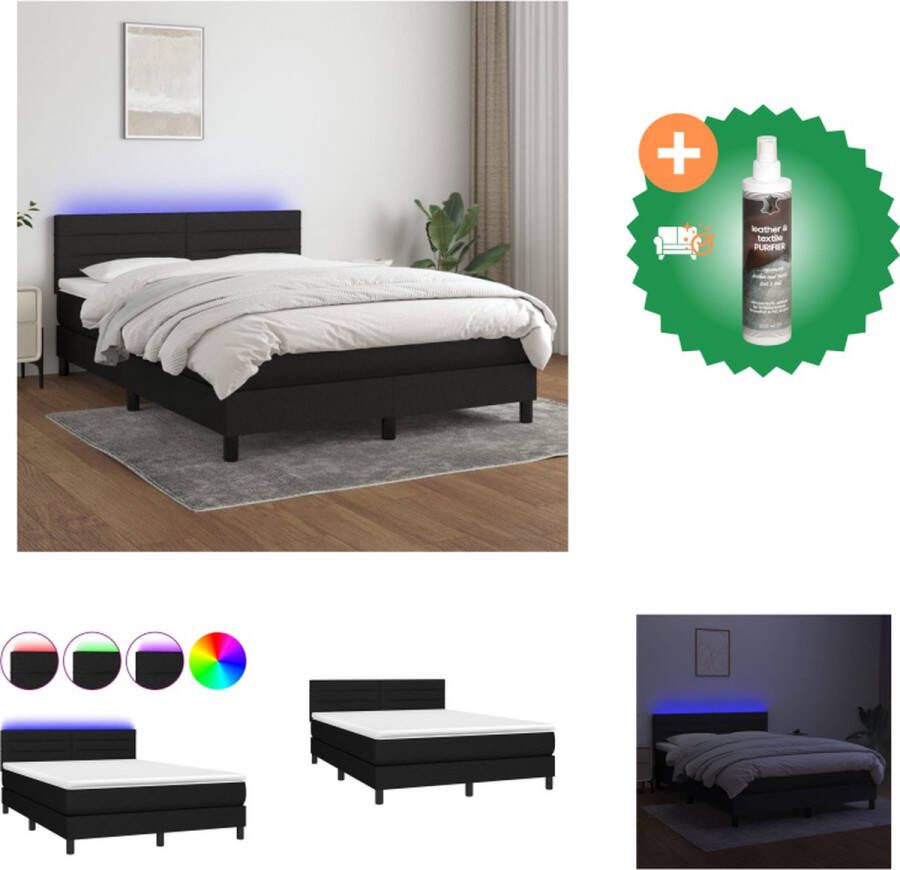 VidaXL Boxspring LED 203 x 144 x 78 88 cm Zwart Pocketvering Matras Huidvriendelijk Topmatras Bed Inclusief Reiniger