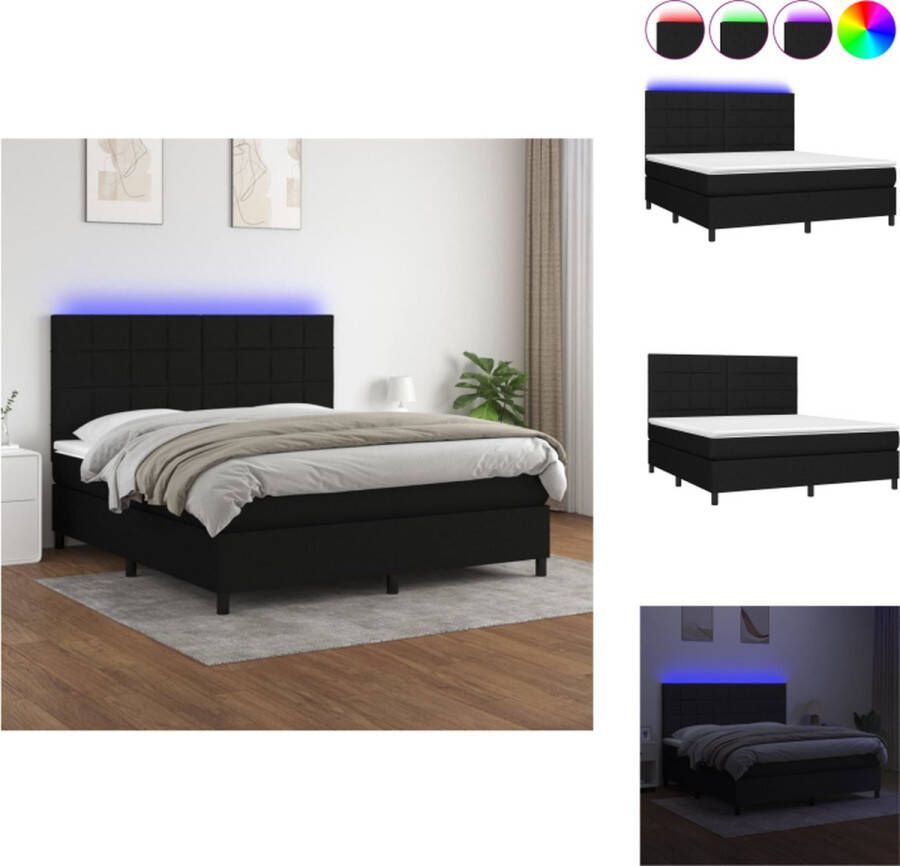 VidaXL Boxspring LED 203 x 160 x 118 128 cm zwart stof pocketvering matras huidvriendelijk topmatras kleurrijke LED-verlichting Bed