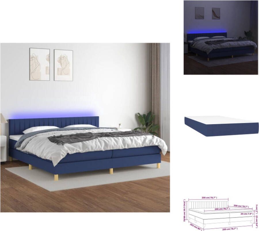 VidaXL Boxspring LED 203 x 200 x 78 88 cm Blauw Pocketvering Matras Huidvriendelijk Topmatras Inclusief 2 LED-strips Bed