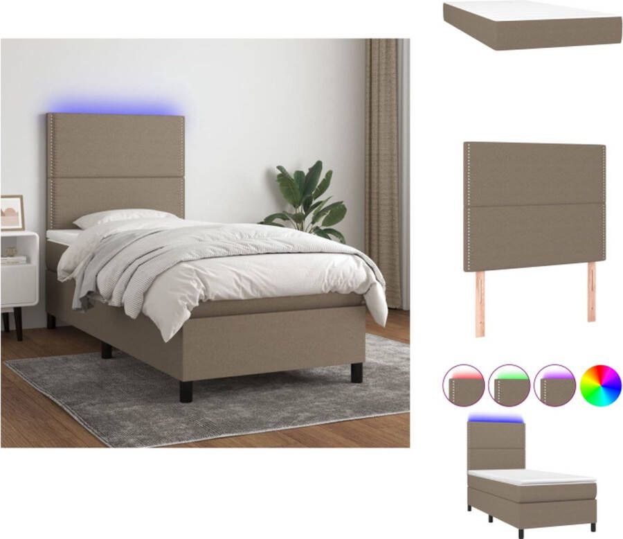 VidaXL Boxspring LED 203 x 90 x 118 128 cm Taupe Pocketvering matras Huidvriendelijk topmatras Inclusief LED-strip Bed